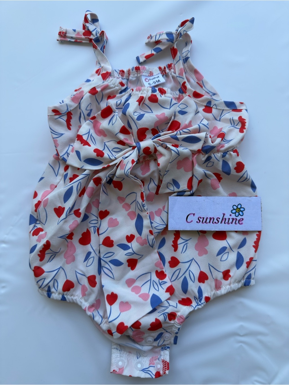 PatPat Cream Infant Romper with Red & Blue Floral Hearts